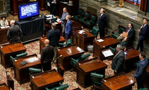In this March 25, 2020 file photo, senators observe social distancing as other senators have live-streamed the senate session, in Harrisburg, Pennsylvania. 