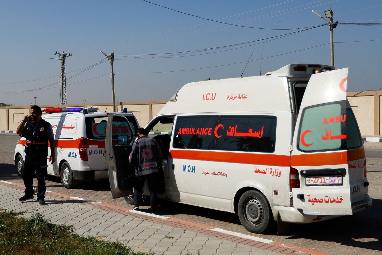 Ambulances wait at the Rafah border crossing with Egypt on November 7.