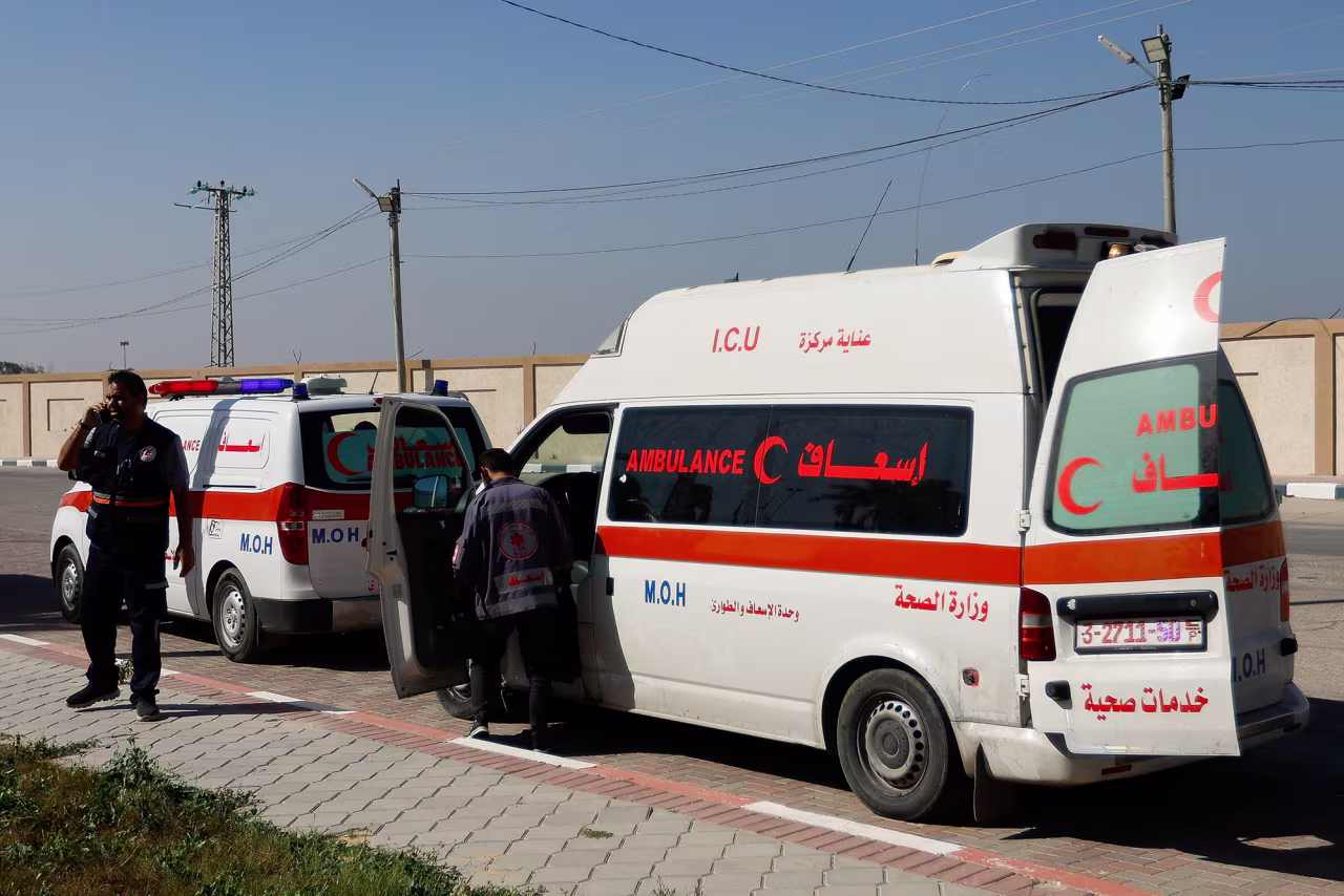 Ambulances wait at the Rafah border crossing with Egypt on November 7.