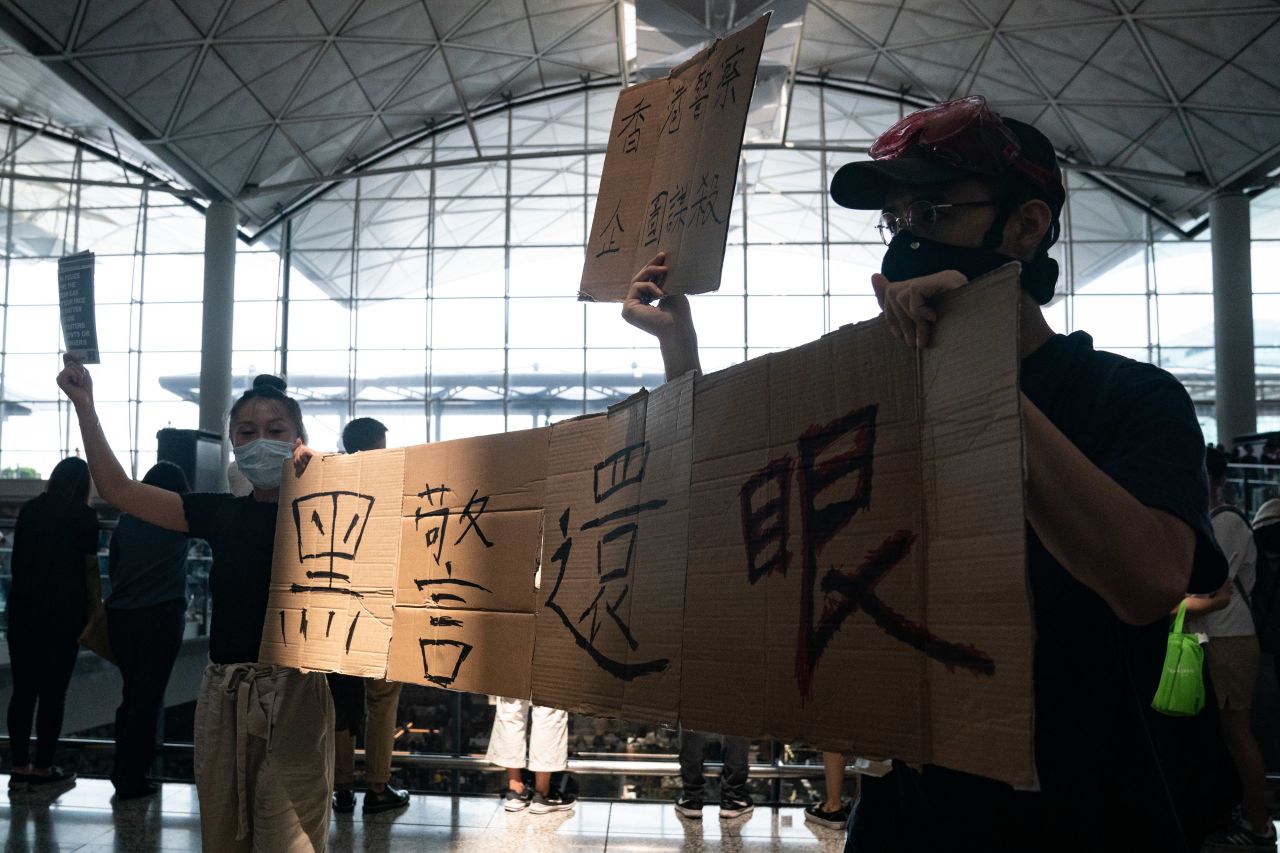 Protesters at the Hong Kong International Airport on August 12, 2019.