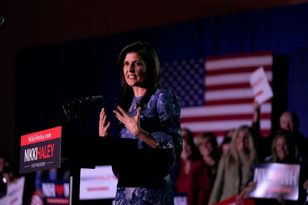 Haley addresses supporters during a New Hampshire Primary night rally in Concord on Tuesday.