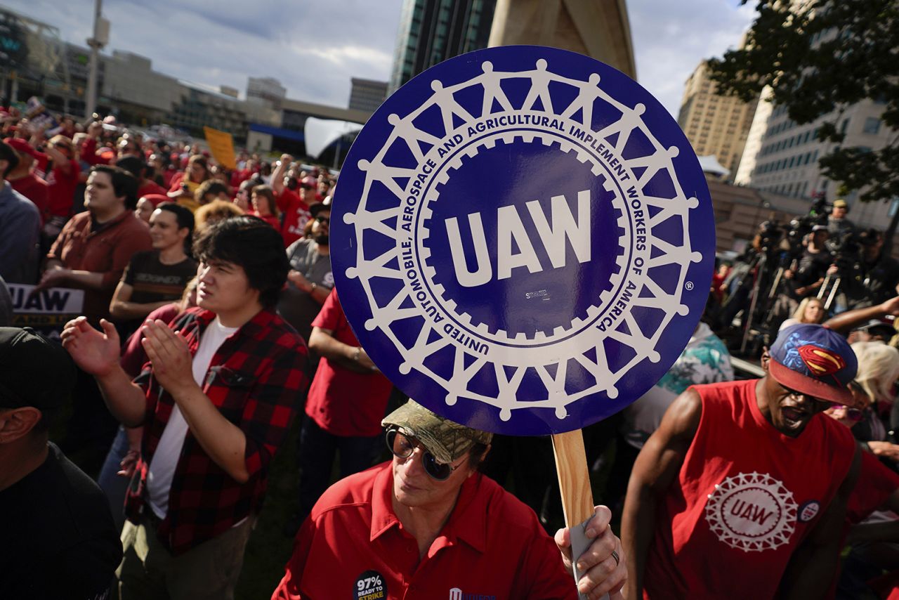 United Auto Workers members attend a rally in Detroit on Friday.