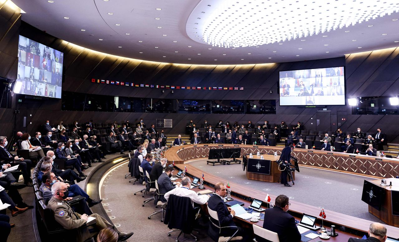 NATO Secretary General Jens Stoltenberg delivers the opening remarks during a NATO video summit on Russia's invasion of Ukraine at NATO headquarters in Brussels, Belgium, on February 25, 2022. 