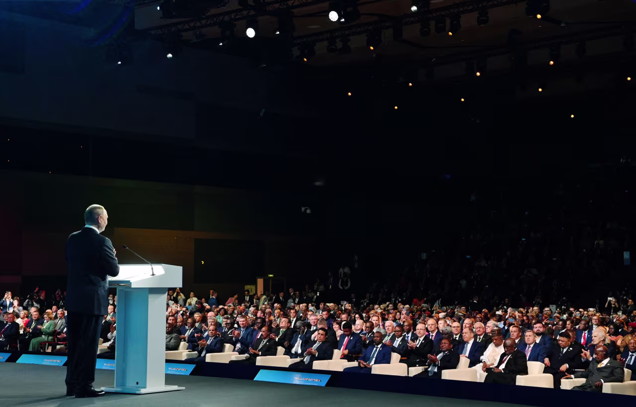 Russian President Vladimir Putin speaks during a plenary session of the Economic and Humanitarian Forum in St. Petersburg on Thursday.