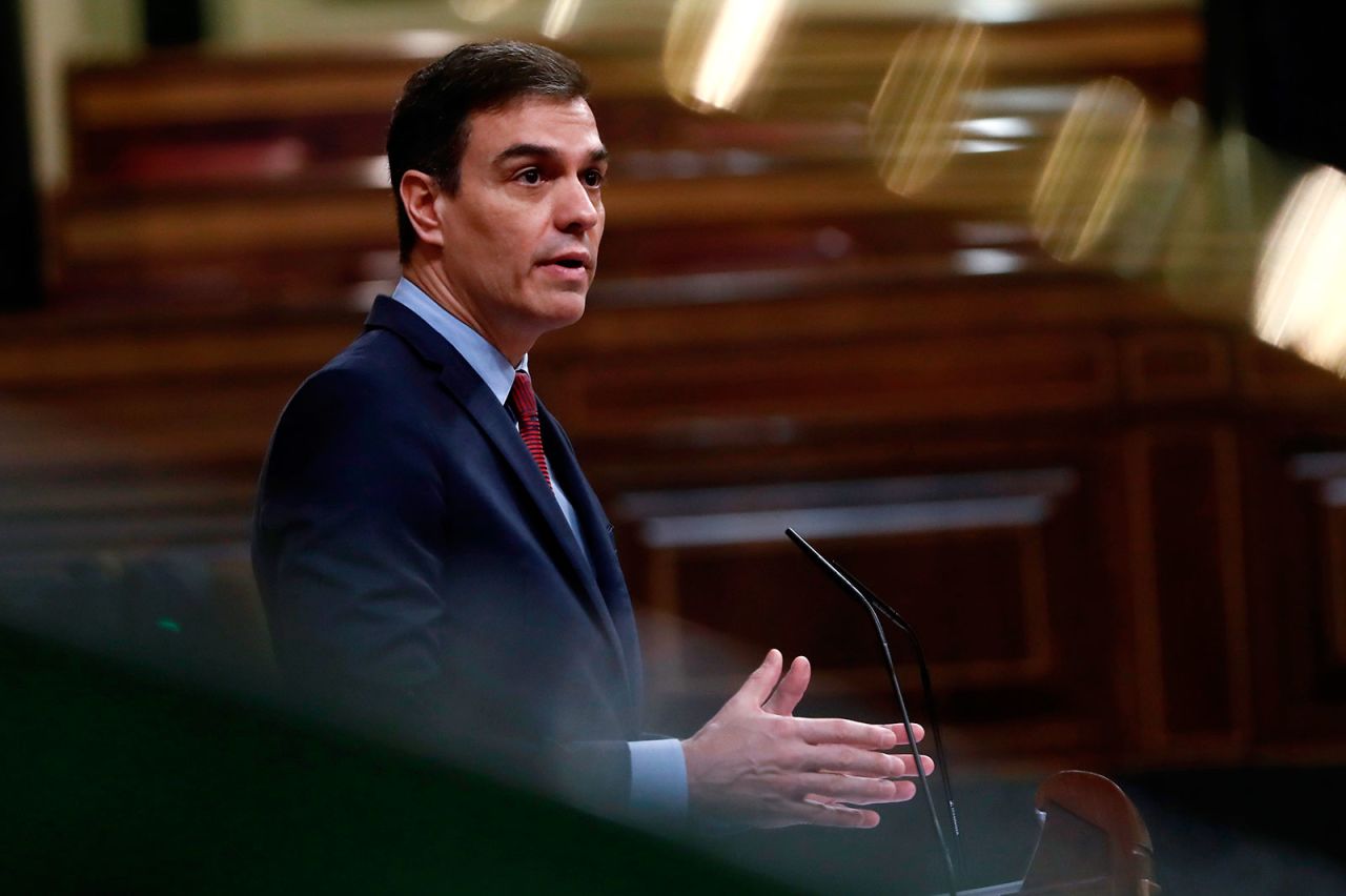 Spanish Prime Minister Pedro Sánchez delivers a speech at Lower Chamber of Spanish Parliament in Madrid on April 9. 