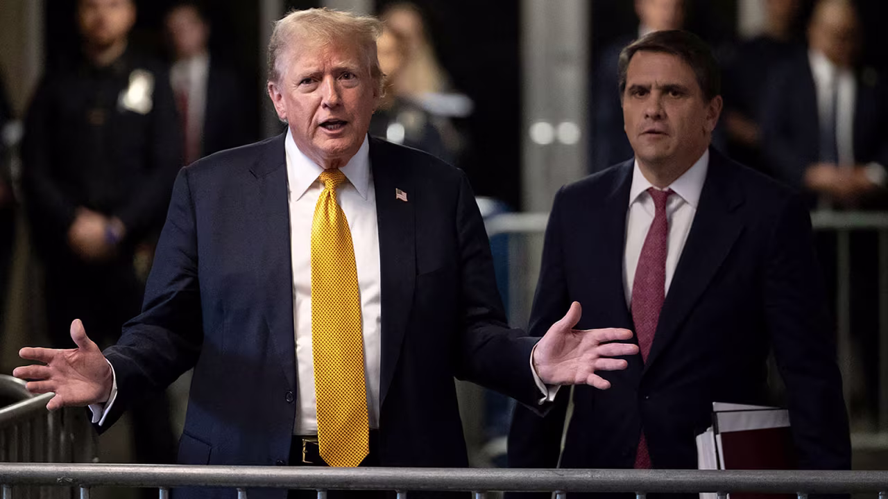 Former US President Donald Trump speaks to members of the media at Manhattan criminal court in New York, on Wednesday, May 29.