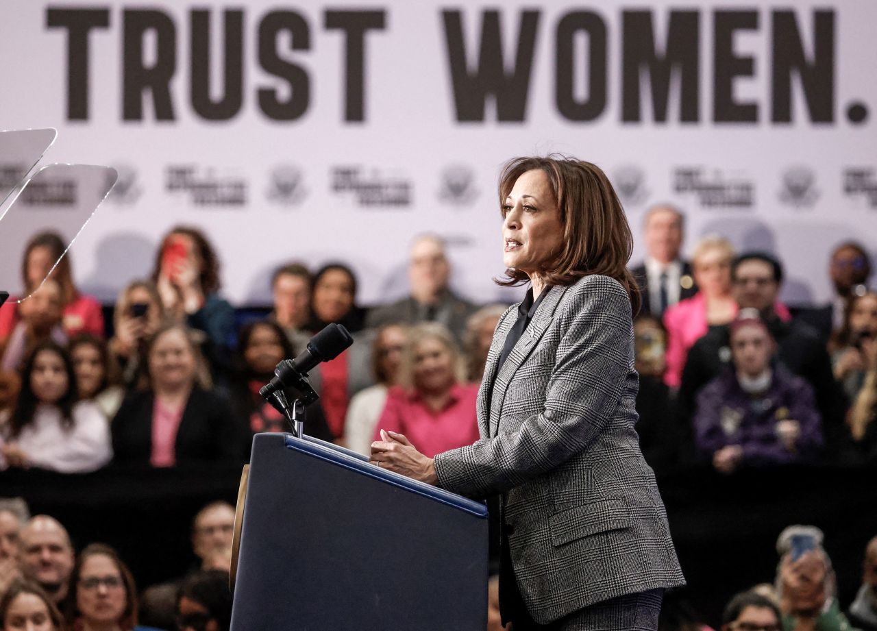 Vice President Kamala Harris speaks at her Fight for Reproductive Freedoms Tour at the International Union of Painters and Allied Trades District Council 7 in Big Bend, Wisconsin, on January 22.