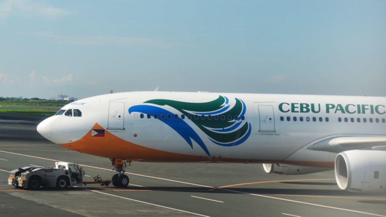 A Cebu Pacific airplane sits at Manila Ninoy Aquino International Airport in July 2019. 