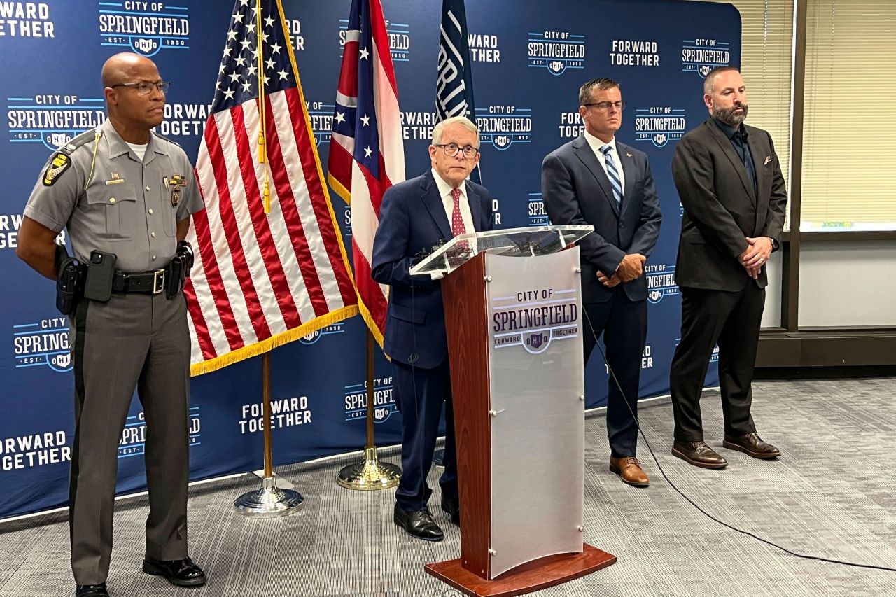 Ohio Gov. Mike DeWine speaks at a press conference at Springfield City Hall in Ohio on Monday.