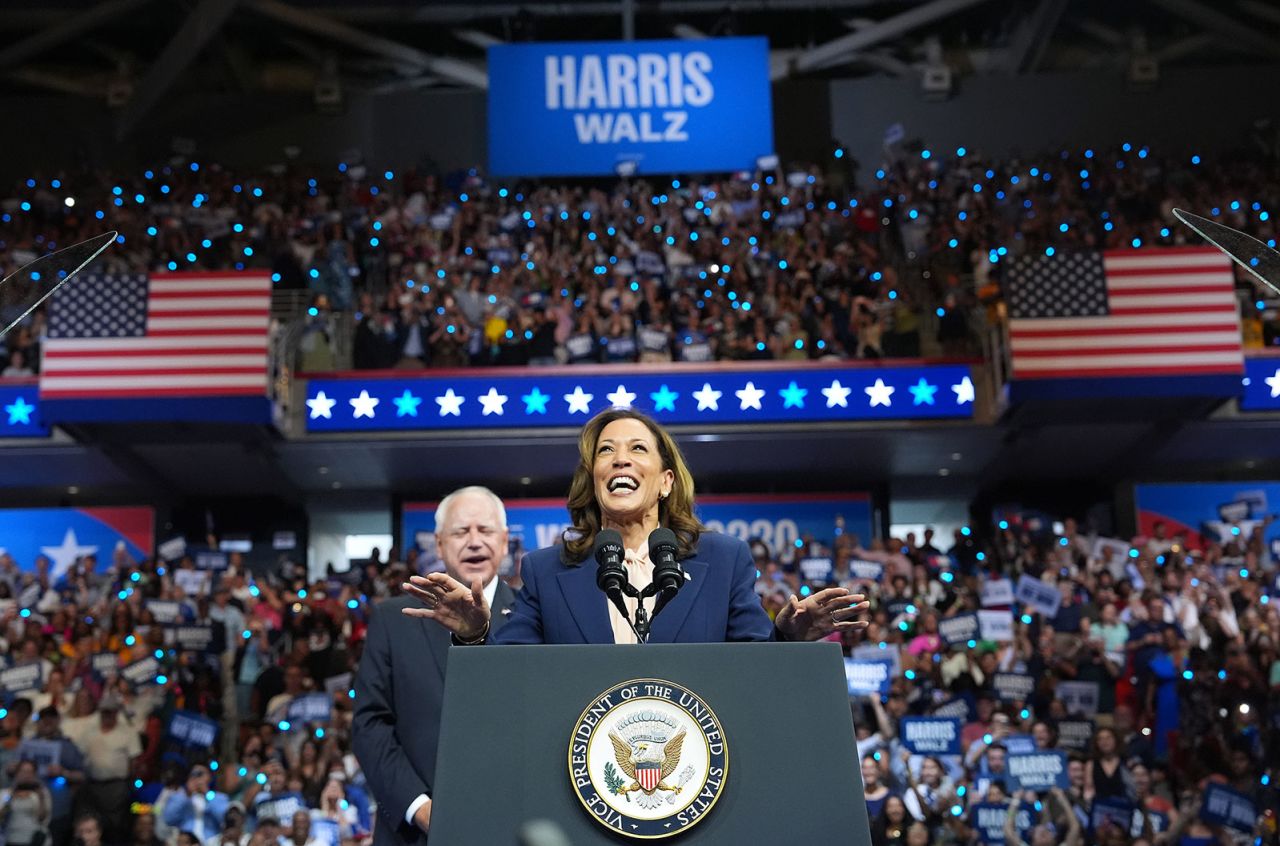 Democratic presidential candidate, Vice President Kamala Harris and Democratic vice presidential candidate Minnesota Gov. Tim Walz appear on stage together during a campaign rally in Philadelphia, on Tuesday, August 6.