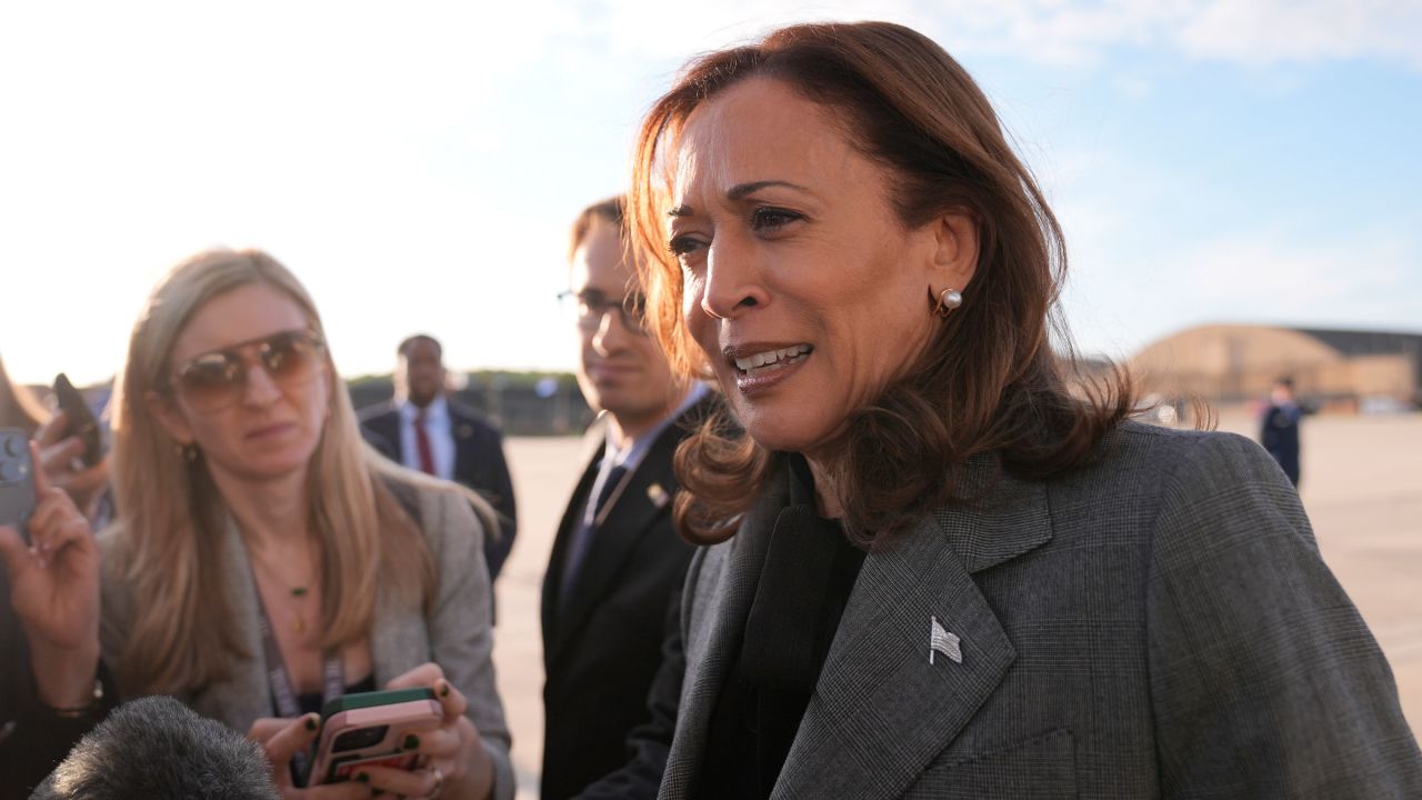 \ice President Kamala Harris speaks to members of the media after arriving at Andrews Air Force Base in Maryland on Sunday.