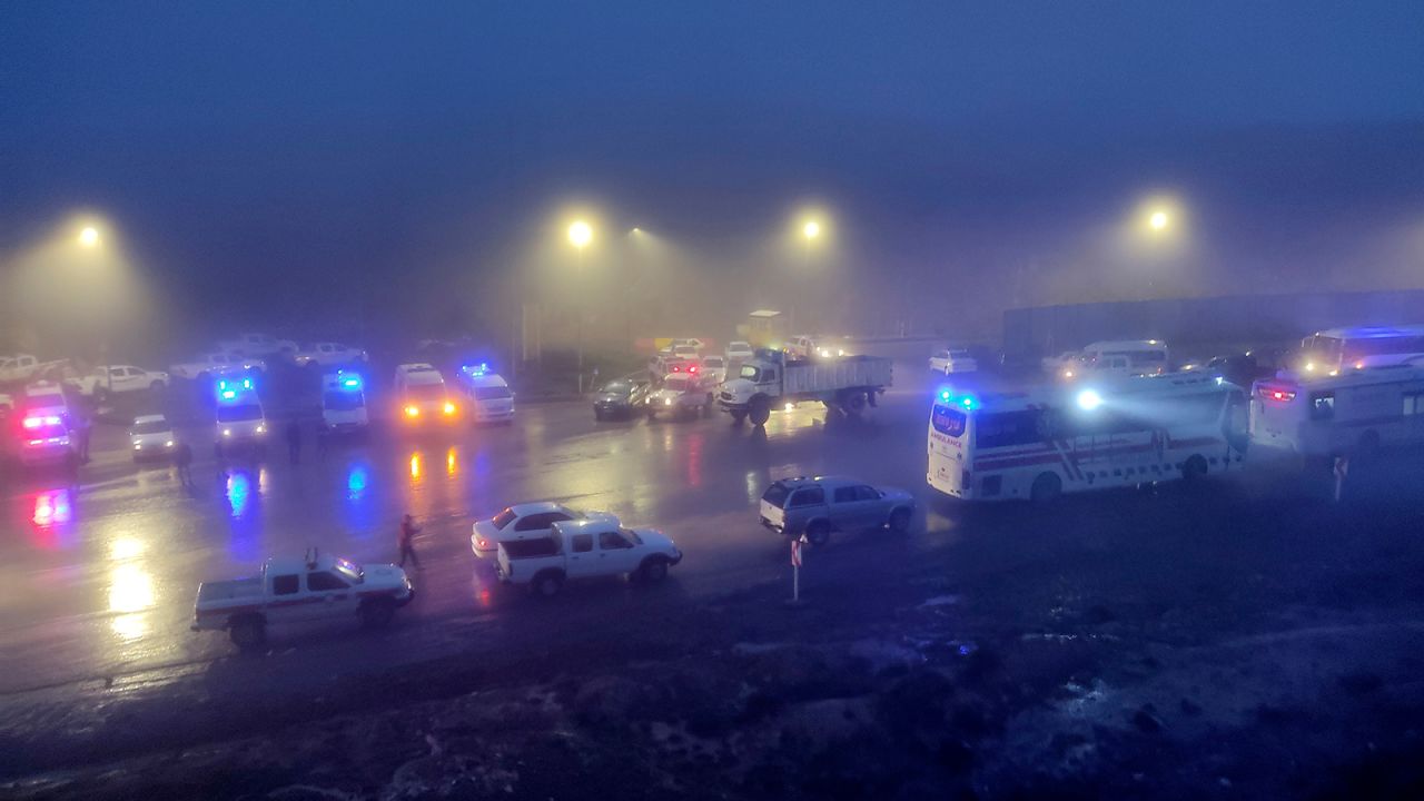 Rescue teams' vehicles are seen near the site of the incident of the helicopter carrying Iranian President Ebrahim Raisi in Varzaghan in northwestern Iran, on May 19.