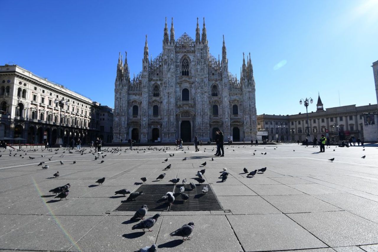 An almost empty Piazza del Duomo in Milan, capital of Lombardy, the region at the center of Italy's coronavirus outbreak, on February 28.