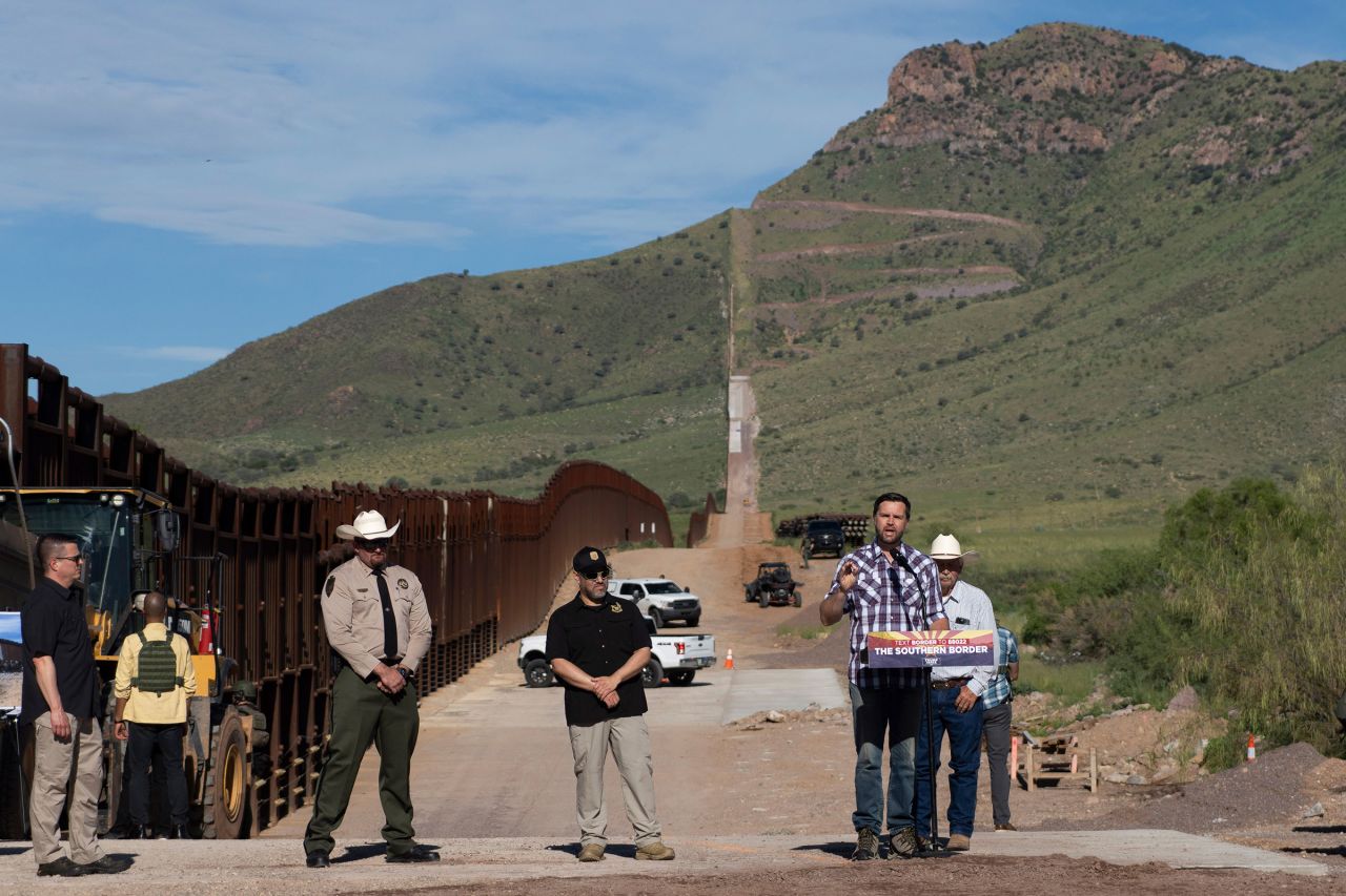 Sen. JD Vance speaks at the US-Mexico border in Hereford, Arizona, on Thursday, August 1.