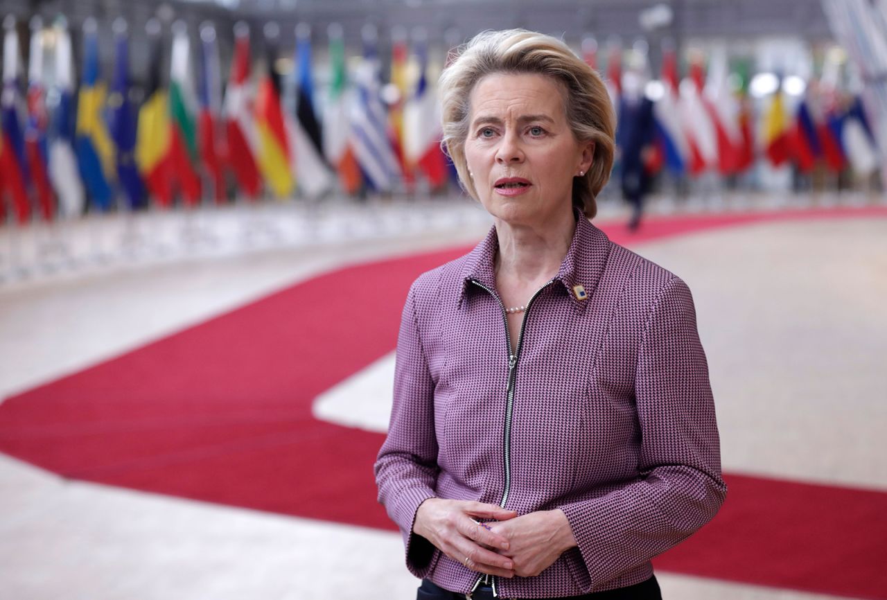 President of the European Commission Ursula von der Leyen speaks to the press as she arrives prior to an EU summit in Brussels, on October 15.