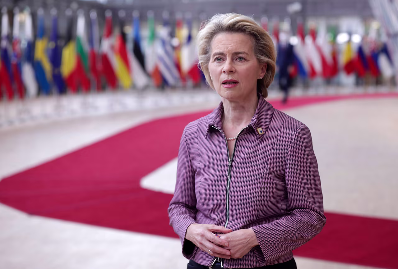 President of the European Commission Ursula von der Leyen speaks to the press as she arrives prior to an EU summit in Brussels, on October 15.