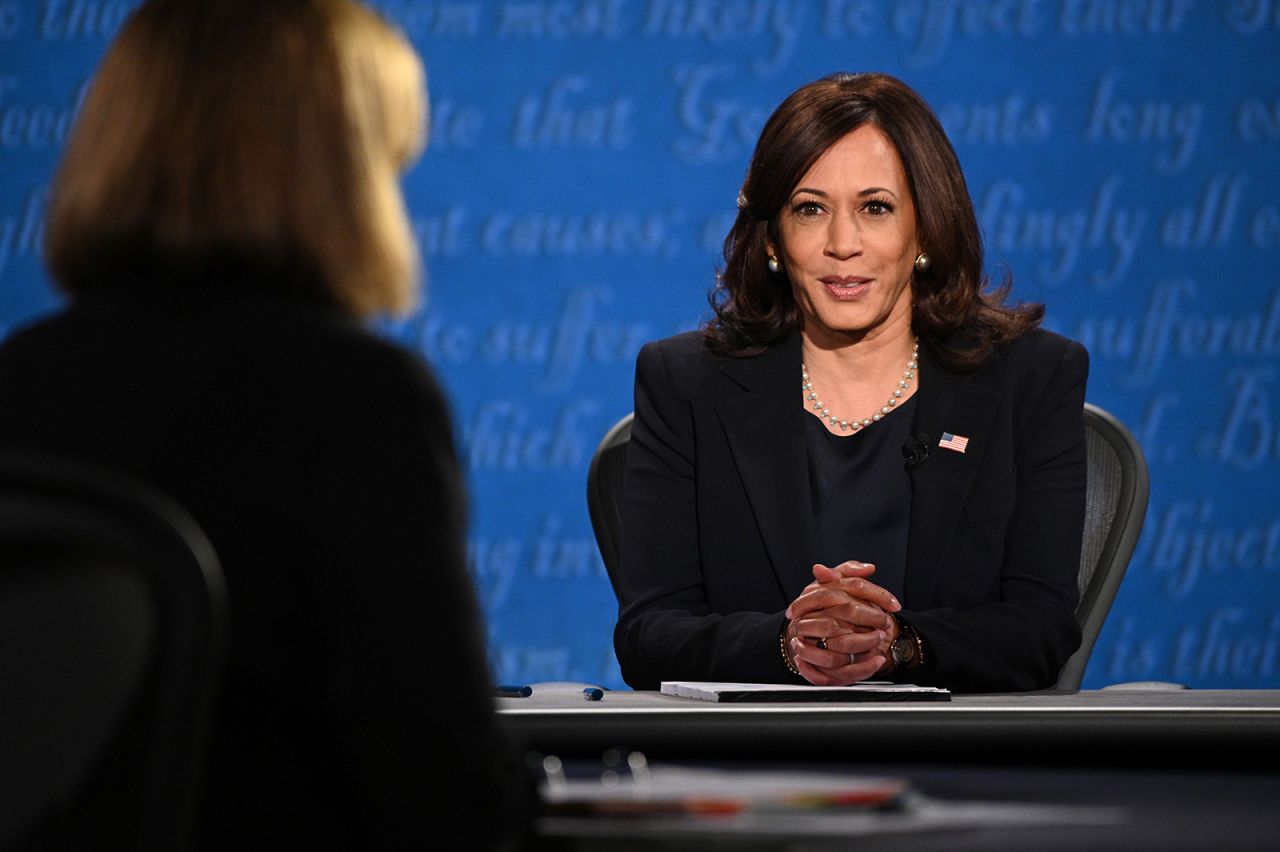 Kamala Harris arrives on stage for the vice presidential debate on Wednesday in Salt Lake City.