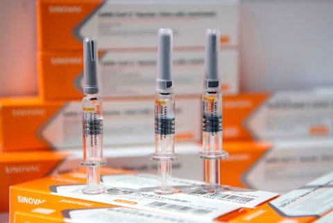 A Sinovac Biotech Covid-19 vaccine candidate is displayed at the China International Fair for Trade in Services on September 6 in Beijing.