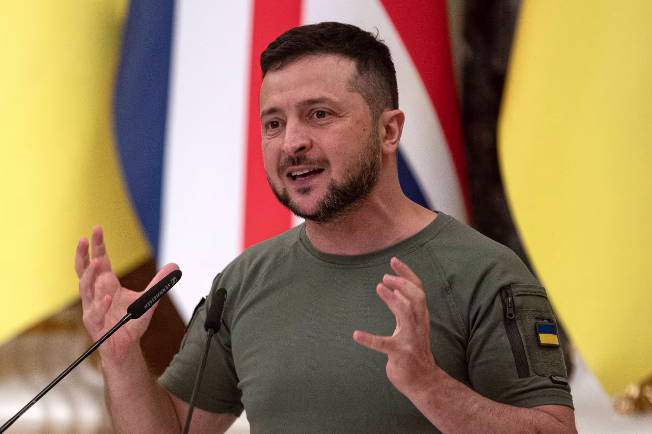 Ukrainian President Volodymyr Zelensky speaks at a press conference on August 24, in Kyiv, Ukraine. 