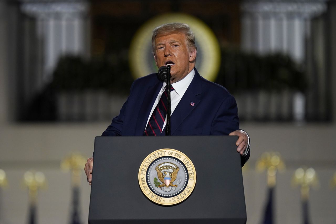President Donald Trump speaks from the South Lawn of the White House on the fourth day of the Republican National Convention, Thursday, Aug. 27, 2020, in Washington.