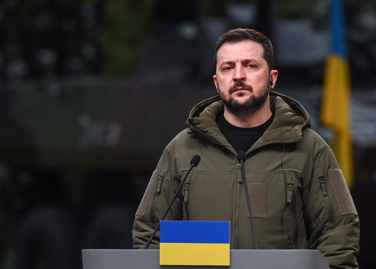 Ukrainian President Volodymyr Zelensky speaks during a press conference on April 5, in Warsaw, Poland. 