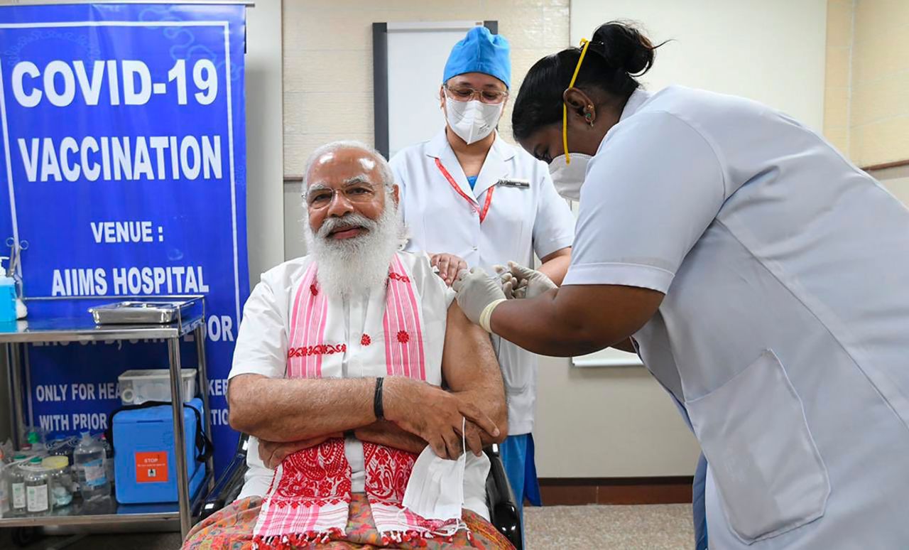 Indian Prime Minister Narendra Modi is administered a Covid-19 vaccine in New Delhi, India on March 1.