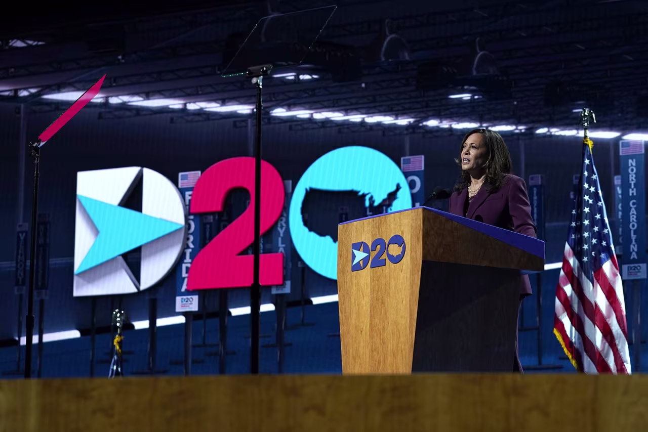 Democratic vice presidential candidate Sen. Kamala Harris speaks during the third day of the Democratic National Convention, Wednesday, Aug. 19.