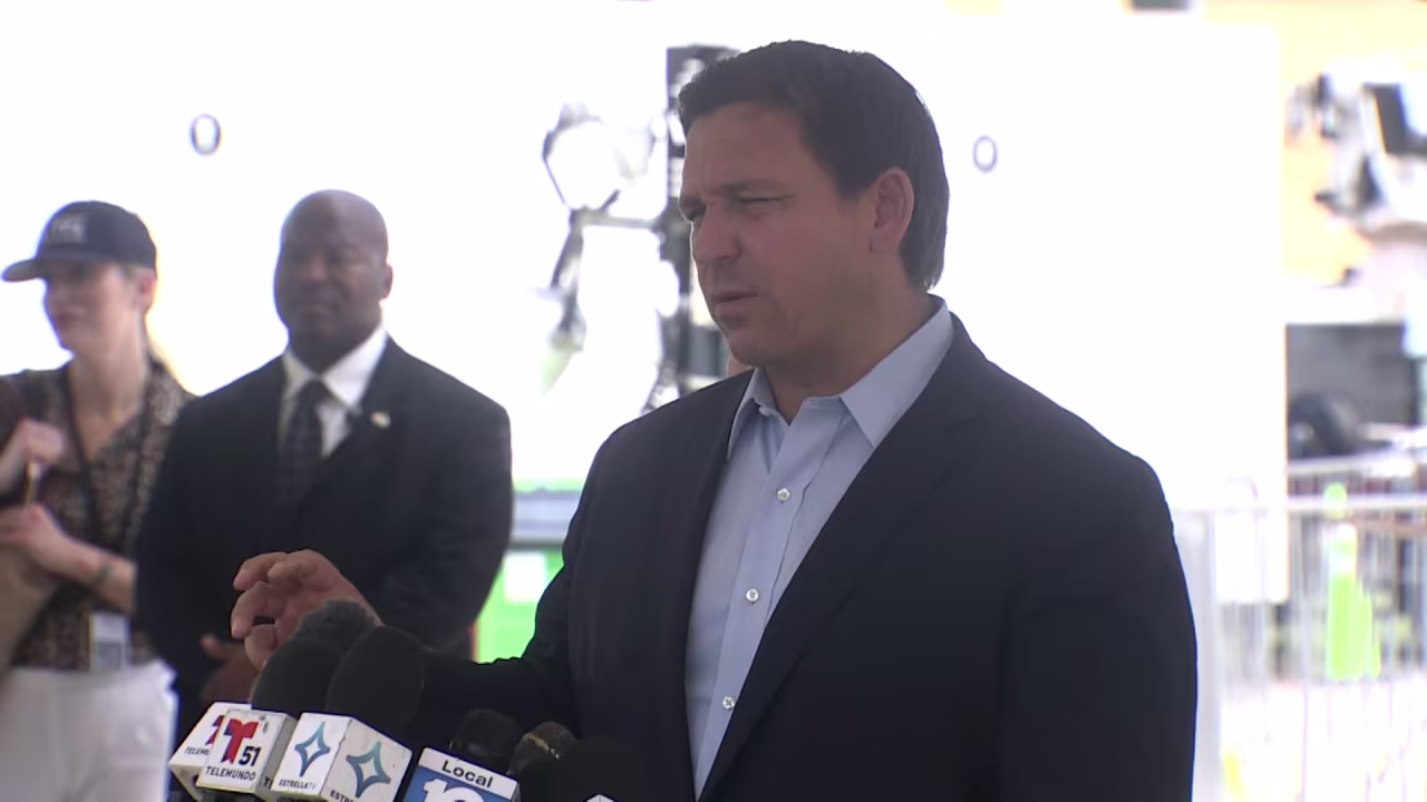 Florida Gov. Ron DeSantis speaks during a press briefing in Surfside, Florida, on July 5.