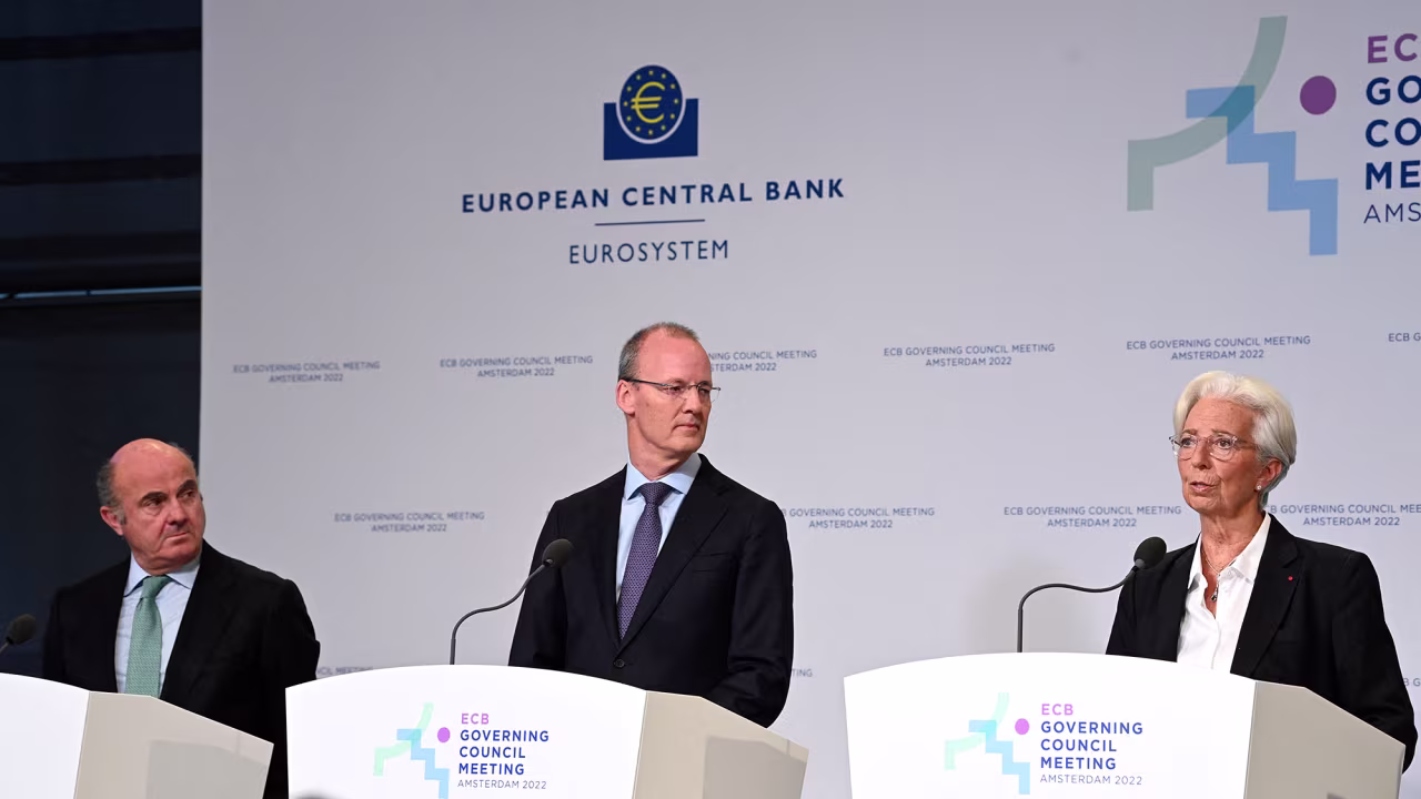 European Central Bank President Christine Lagarde, right, speaks during a press conference in Amsterdam, Netherlands on June 9. 