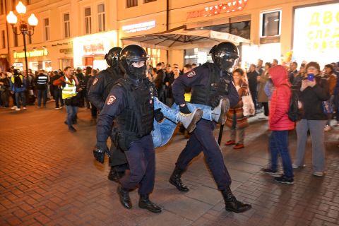 Police officers detain a person in Moscow, Russia, on September 21.
