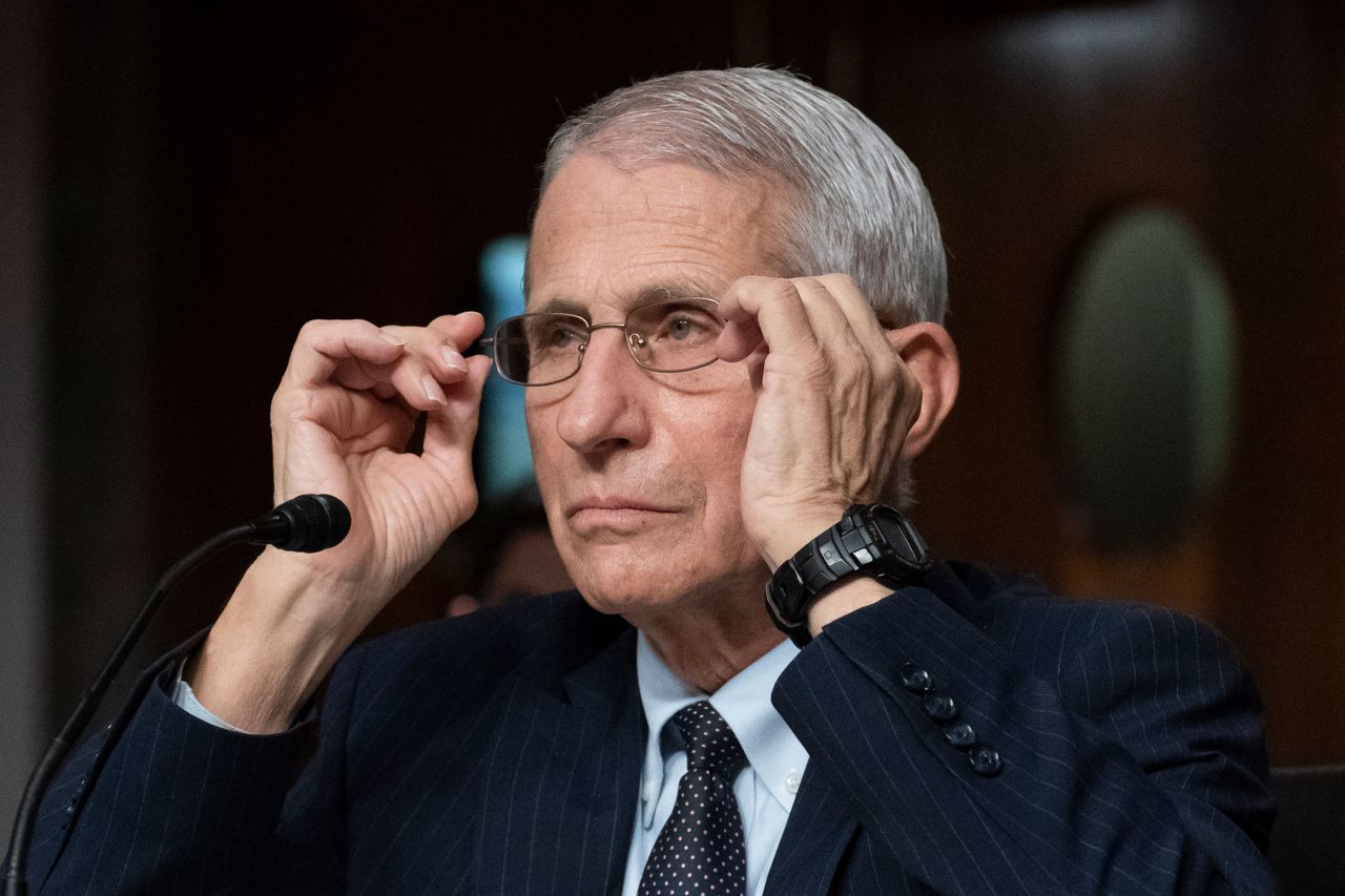 Dr. Anthony Fauci adjusts his glasses during a Senate Health, Education, Labor, and Pensions Committee hearing on Capitol Hill on November 4, 2021, in Washington, DC.