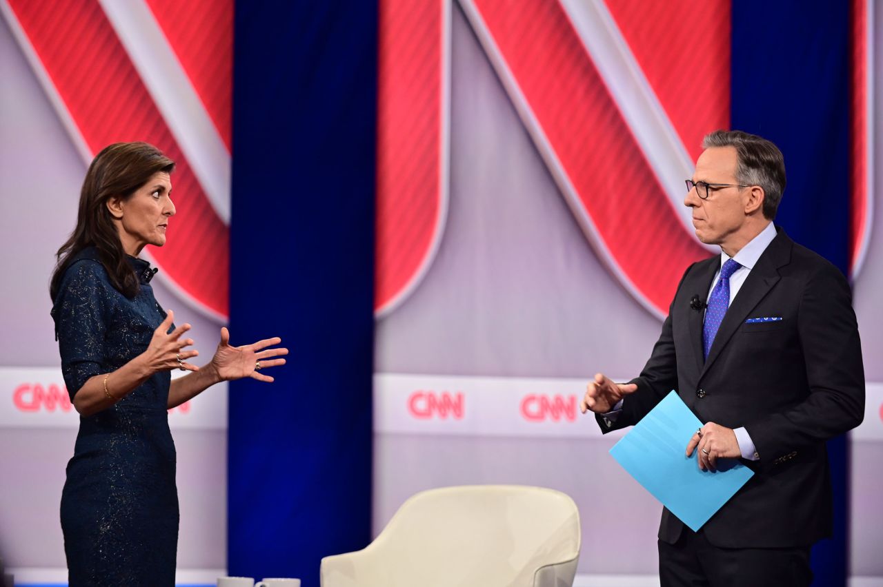 Former South Carolina Gov. Nikki Haley participates in a CNN Republican Presidential Town Hall moderated by CNN’s Jake Tapper at New England College in Henniker, New Hampshire, on January 18.