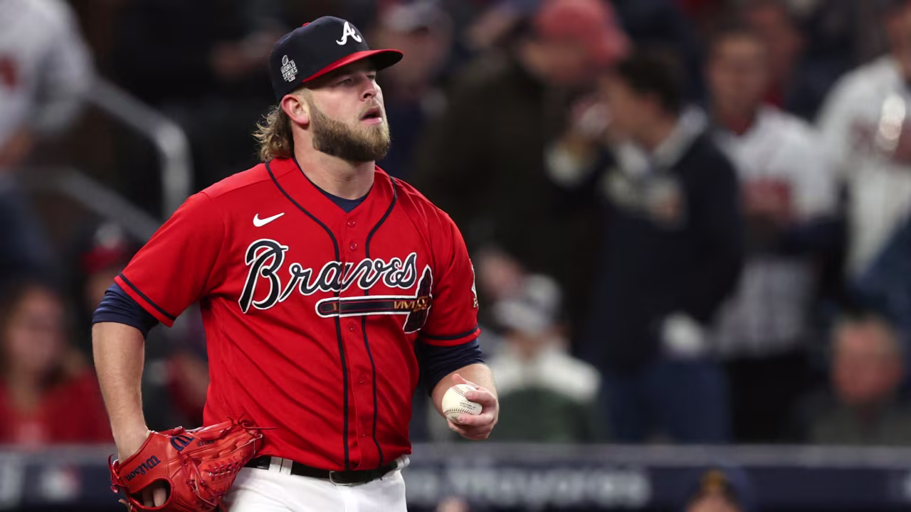 A.J. Minter of the Atlanta Braves prepares to pitch against the Houston Astros during the sixth inning.