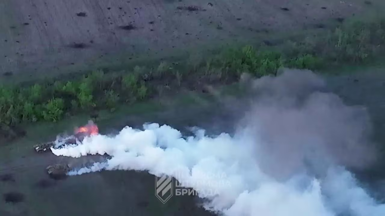 Ukrainian forces appear to destroy Russian positions close to Bakhmut in this screengrab taken from a video released on June 4.