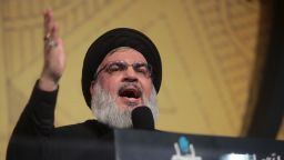 Hassan Nasrallah gestures as he addresses his supporters at an Ashura ceremony in Beirut's southern suburbs, Lebanon on October 23, 2015.