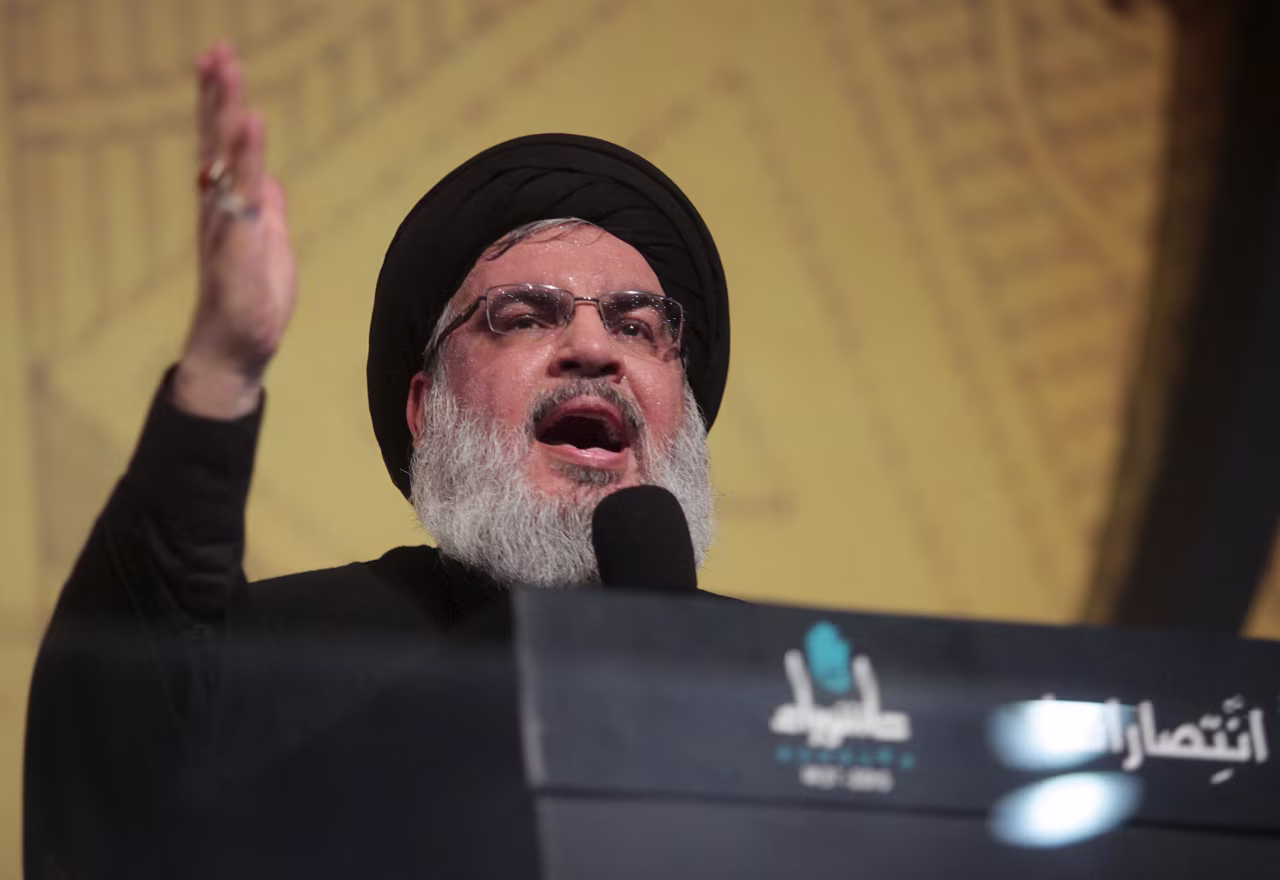 Hassan Nasrallah gestures as he addresses his supporters at an Ashura ceremony in Beirut's southern suburbs, Lebanon on October 23, 2015.