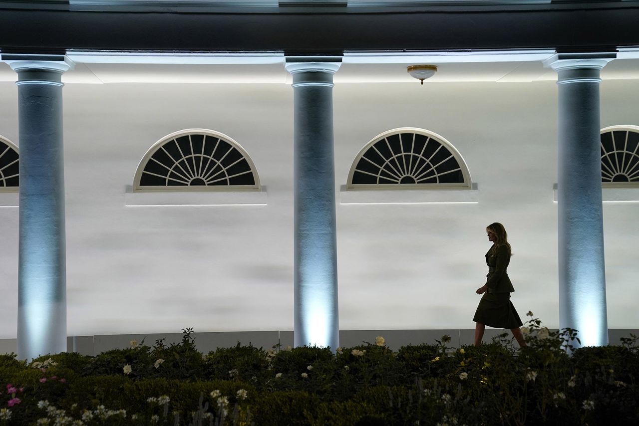 First lady Melania Trump arrives to speak on the second day of the Republican National Convention from the Rose Garden of the White House on Tuesday in Washington.