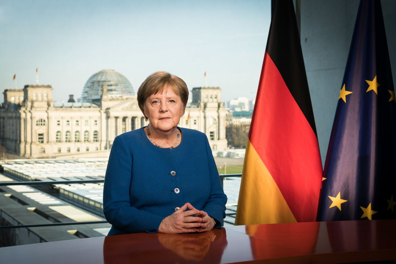 German Chancellor Angela Merkel addresses the nation via a video statement about the ongoing Covid-19 pandemic on March 18, 2020 in Berlin, Germany. 