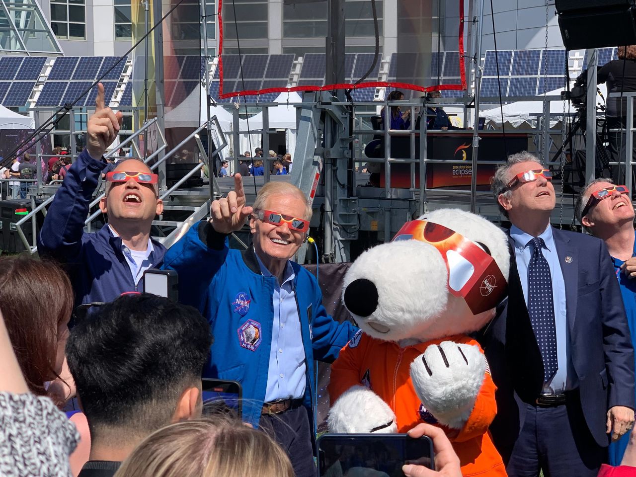From left: Deputy secretary of Commerce Don Graves, NASA administrator Bill Nelson, Snoopy, Ohio Senator Sherrod Brown and NASA astronaut Steve Bowen outside the Great Lakes Science Center in Cleveland. 