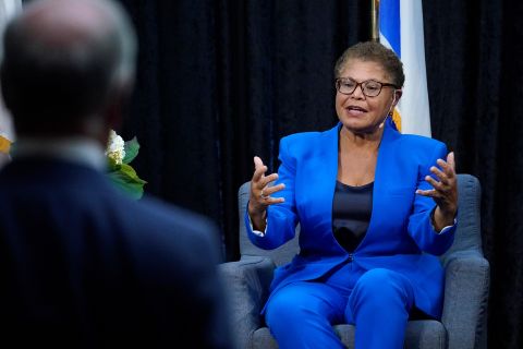 Rep. Karen Bass speaks at a forum in Los Angeles, on Wednesday, Oct. 26.