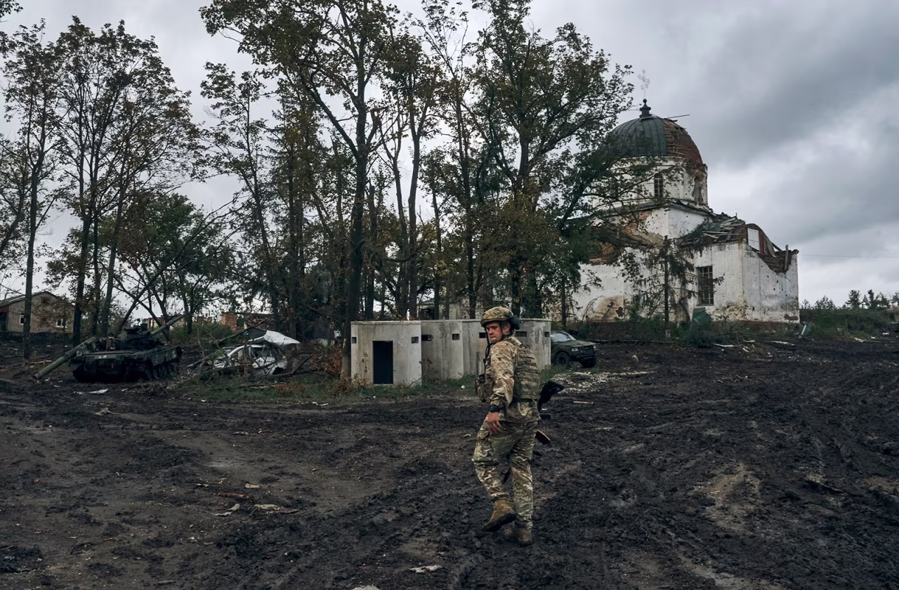 A Ukrainian soldier walks in Izium, Kharkiv region, Ukraine, on September 13. 