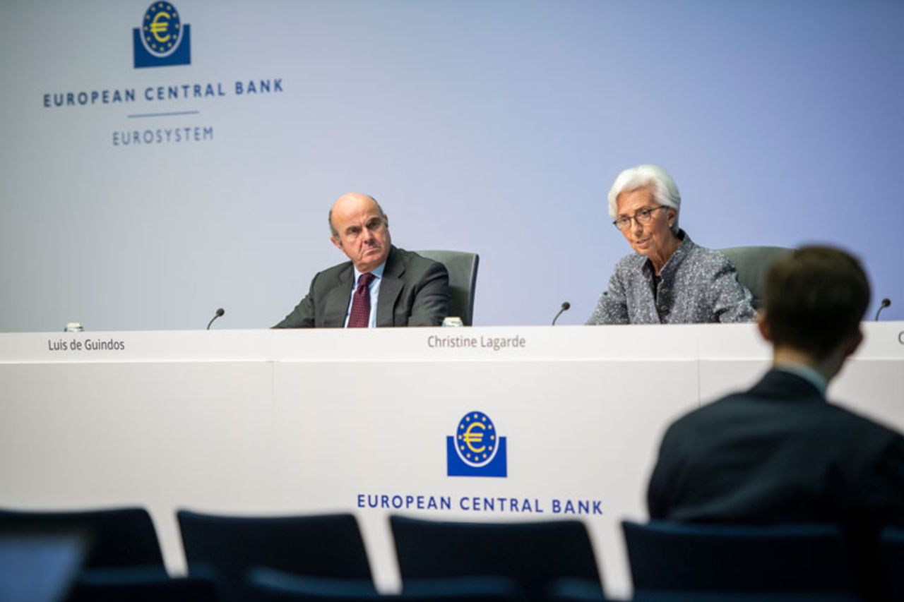 Christine Lagarde, President of the European Central Bank (ECB), and Vice president Luis de Guindos speak to the media following a meeting of the ECB governing board at ECB headquarters on March 12, in Frankfurt, Germany. 