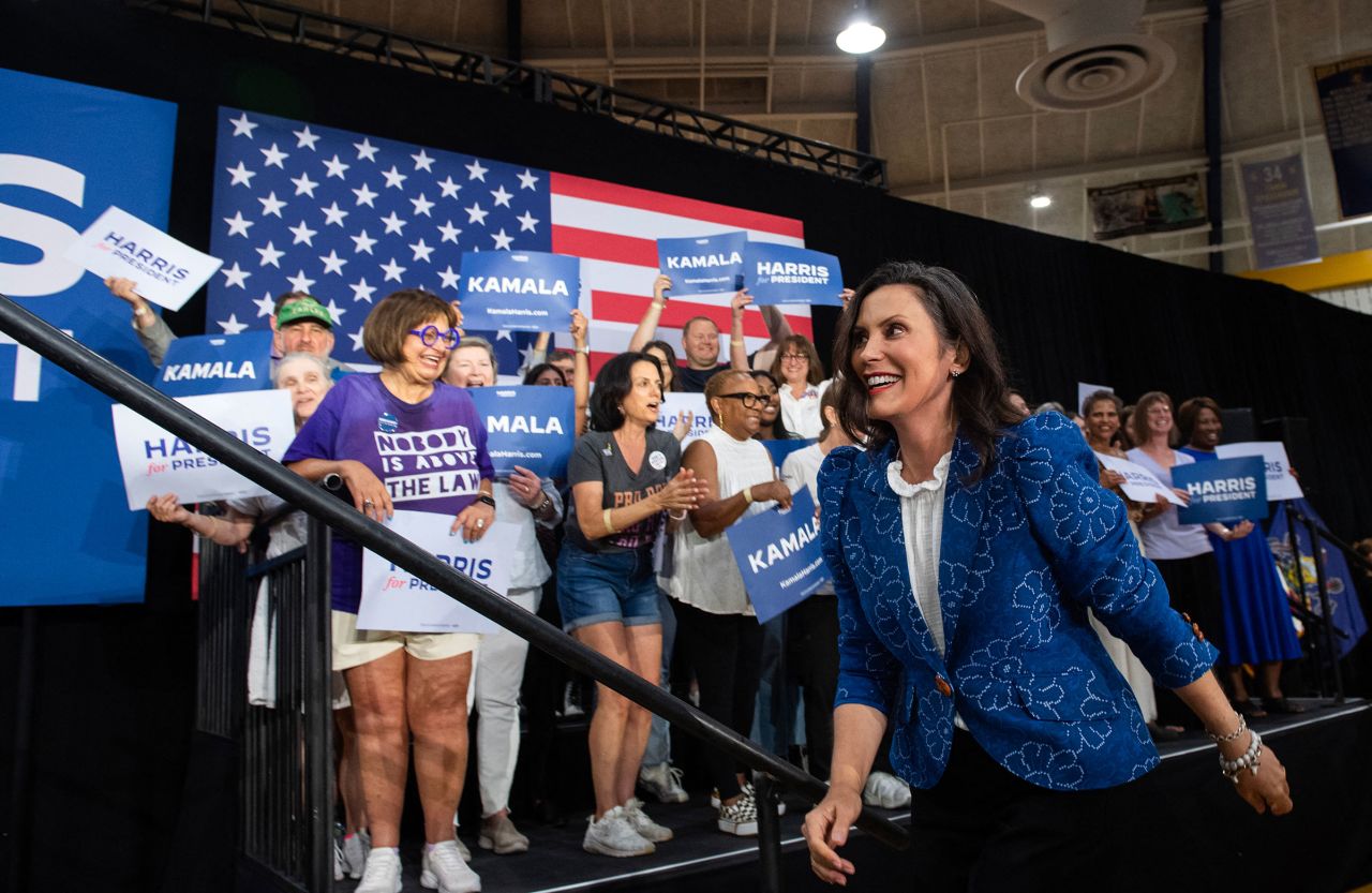 Michigan Gov. Gretchen Whitmer takes the stage during a "Harris for President" event in the gymnasium of Wissahickon High Schoolin Ambler, Pennsylvania, on July 29.