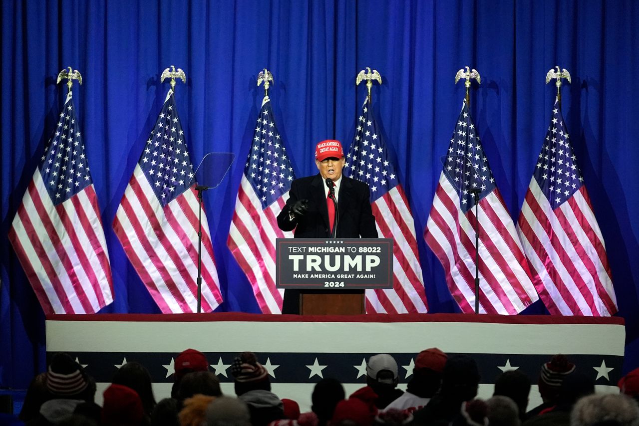 Donald Trump speaks at a campaign rally in Waterford Township, Michigan, on February 17.