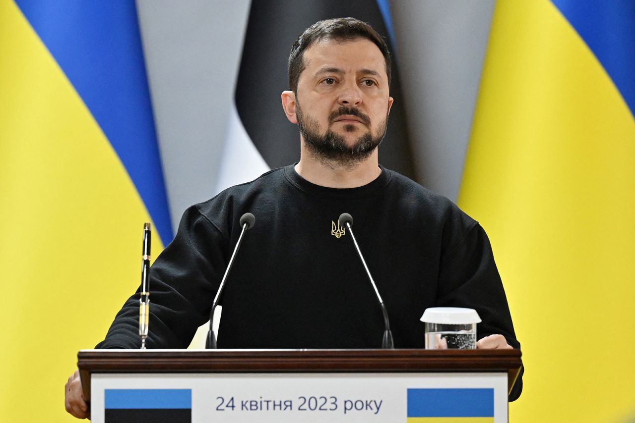 Volodymyr Zelensky attends a joint press conference in Zhytomyr on April 24.