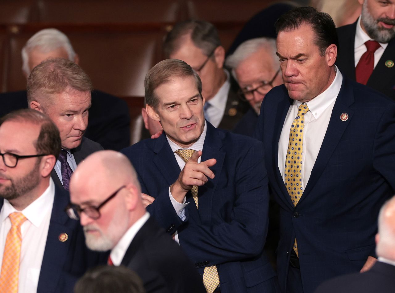 Rep. Jim Jordan talks with fellow lawmakers as the House of Representatives meets to elect a new Speaker of the House at the U.S. Capitol Building on October 17 in Washington, DC.