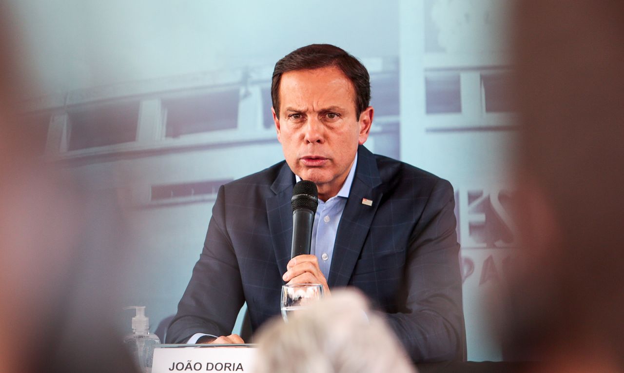 Sao Paulo State Governor Joao Doria speaks during a visit to the emergency makeshift field hospital at Pacaembu Stadium for coronavirus (COVID-19) patients  in Sao Paulo, Brazil, on March 27.