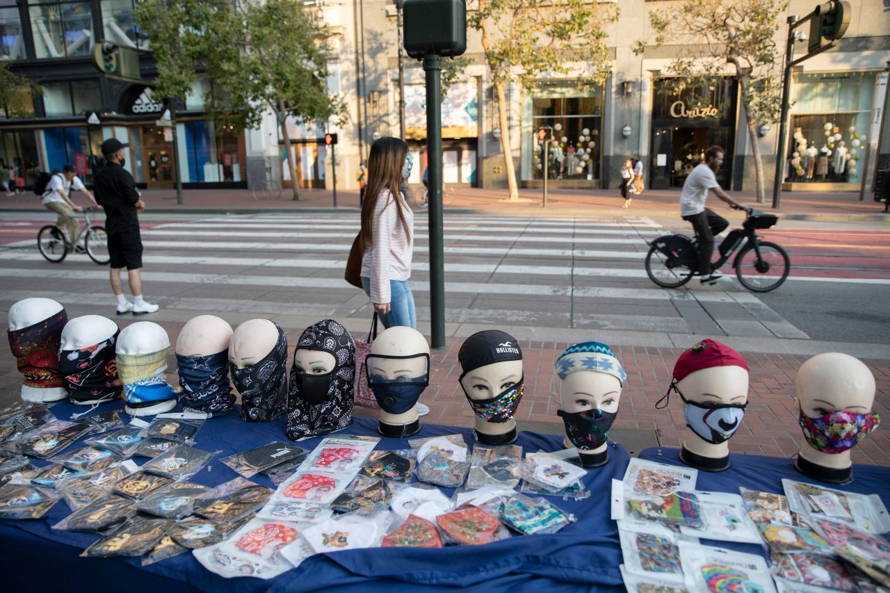 Face masks are for sale on a stand in San Francisco on September 5, 2020.