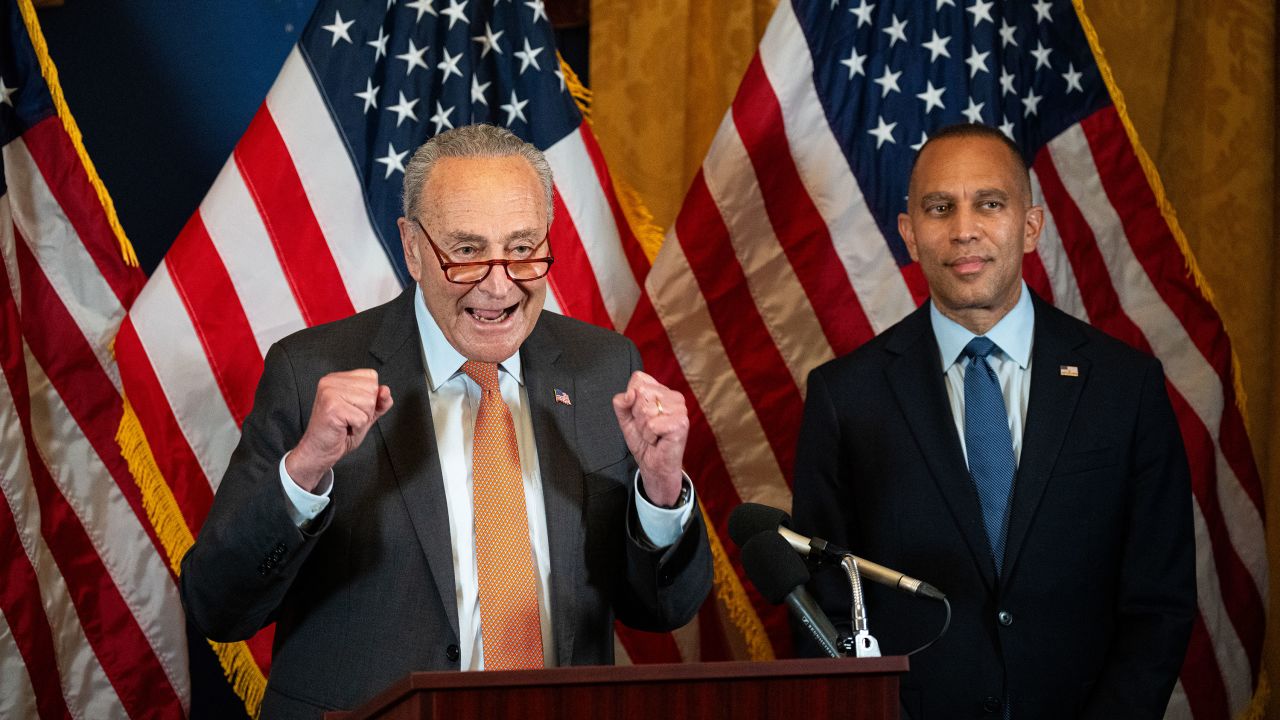 Senate Majority Leader Chuck Schumer, left, and House Minority Leader Hakeem Jeffries hold a news conference on Tuesday.