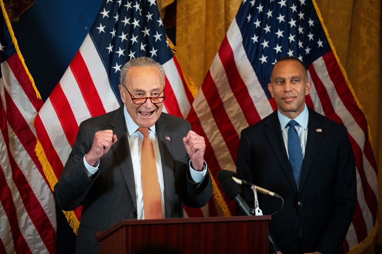 Senate Majority Leader Chuck Schumer, left, and House Minority Leader Hakeem Jeffries hold a news conference on Tuesday.